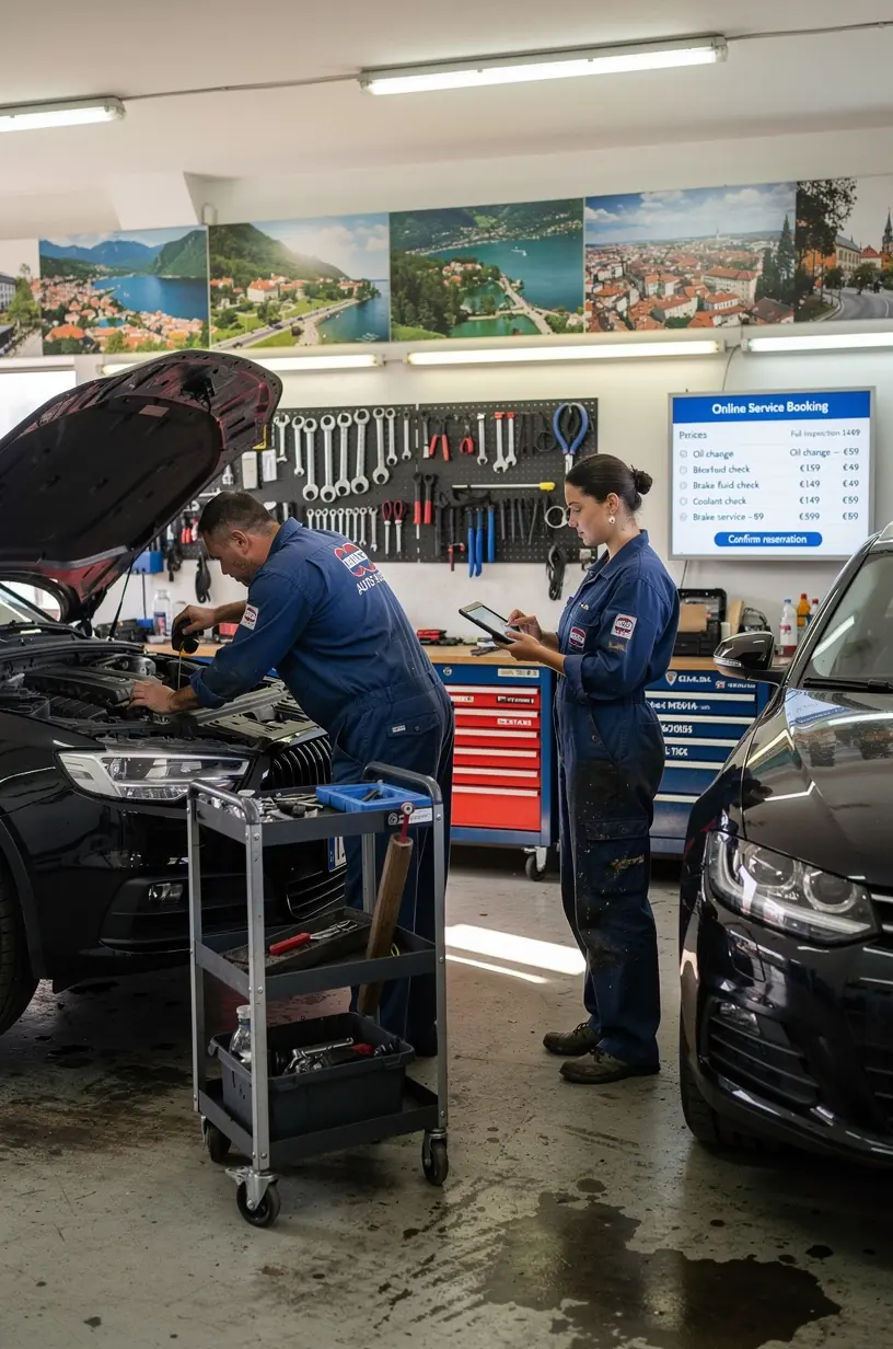 Technik meria hladinu kvapalín v motore počas pravidelnej údržby vozidla podľa fixnej ceny.